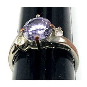 Silver Plated Purple Cubic Zirconia Ring with Clear Side Stones Sz 7